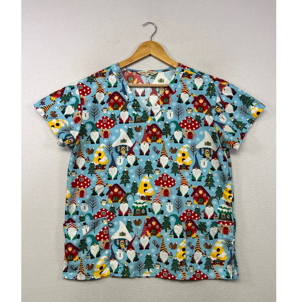 Christmas Holiday Gnomes Gabby Brooke Women Large Blue V-Neck Scrub Top GB-9091X
